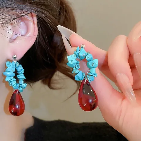 Orecchini Pendenti Bohémien Pietra Turchese Ciondolo Goccia D'acqua Rossa Perno In Argento Sterling 925 Etnici Vintage Donna