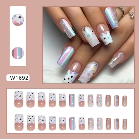 Press On Nägel Lange Sargform Künstliche Nägel Herz Streifen Eiscreme Design Holografisch Glitzer Für Frauen