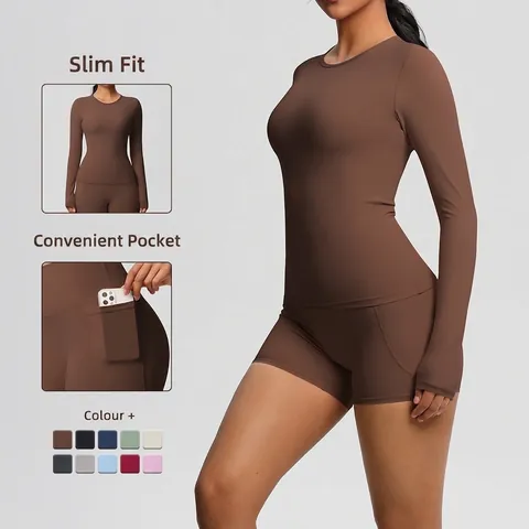 Women Yoga Outfit Nylon Spandex Long Sleeve Slim Fit Top And High Waist Pocket Shorts Sport Fitness Athletic Wear