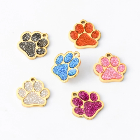 Pet ID Tag Stainless Steel Glitter Enamel Paw Shape Pendant For Dog Cat Collar DIY Jewelry Making Cartoon Accessory