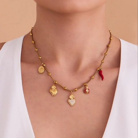 Vintage Edelstahl Multi Anhänger Halskette Für Damen Vergoldet Emaille Roter Chili Marienkäfer Herz Religiöse Münze Zirkonia Halskette Schmuck