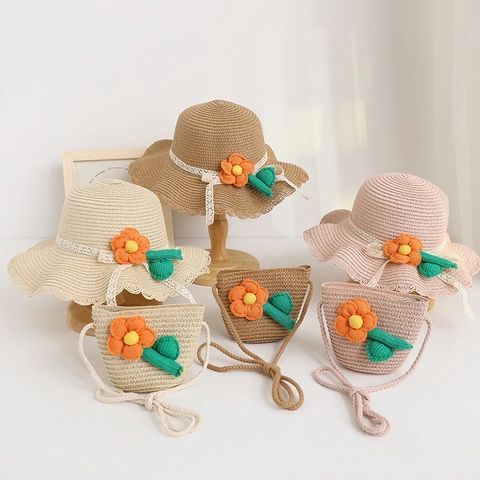 Kids Summer Straw Sun Hat Flower Decorative Wavy Brim Lace Ribbon Outdoor Beach Breathable Hat And Matching Bag For Girls