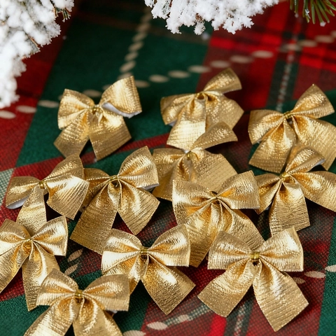 12Pcs Christmas Bow-knots Hanging Ornaments Glitter Gold Silver Red Flocked Mini Bows For Christmas Tree Gifts Party Decor