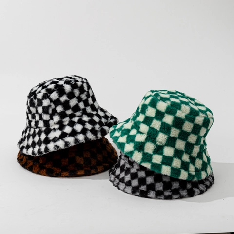 Sombrero de Pescador de Felpa de Tablero de Ajedrez Piel Sintética Cálido Gorro de Invierno Para Hombre Mujer Casual Moda Cortavientos Suave