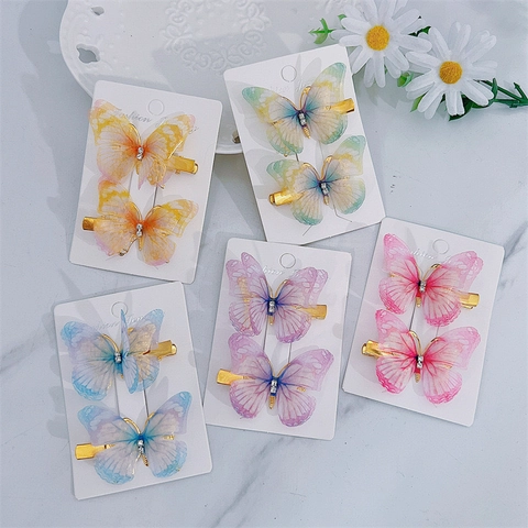 Kinder Vlinder Haarclips Set Dubbellaags Gaas Fee Haarspelden Zoete Strass Eendenbek Clips Voor Meisjes Haaraccessoires Cadeau