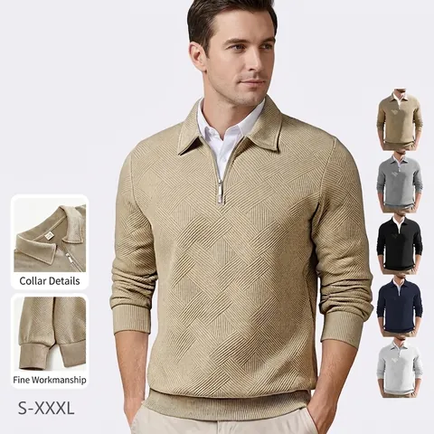 Sudadera Para Hombre Textura Jacquard Media Cremallera Cuello De Solapa Vintage Casual Pullover De Manga Larga