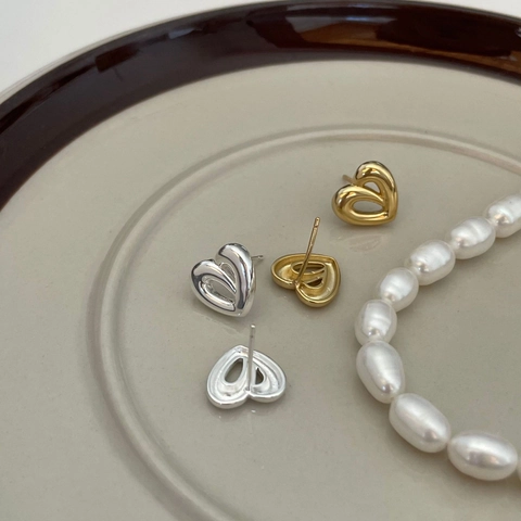 925 Sterling Silber Hohl Herz Ohrstecker Geometrische Minimalistische Doppelte Liebe Schmuck Für Frauen