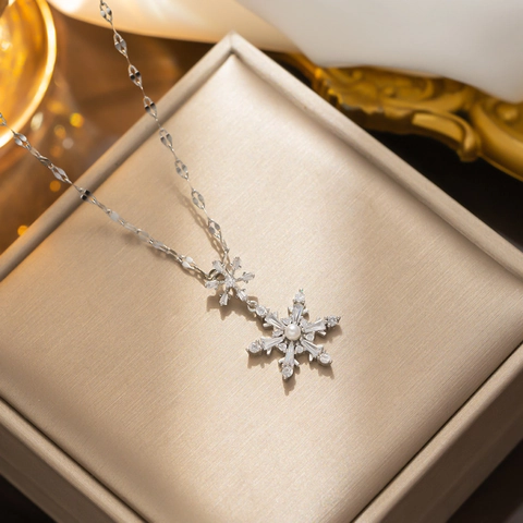 Snowflake Pendant Necklace Stainless Steel With Faux Artificial Pearl And Zircon Double Layer Hexagram Jewelry For Women