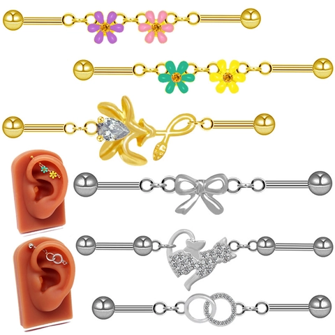 Pastoral Alloy Industrial Barbell Earrings Enamel Flower Rhinestone Cat Bow Piercing Jewelry For Women Party Daily Decoration