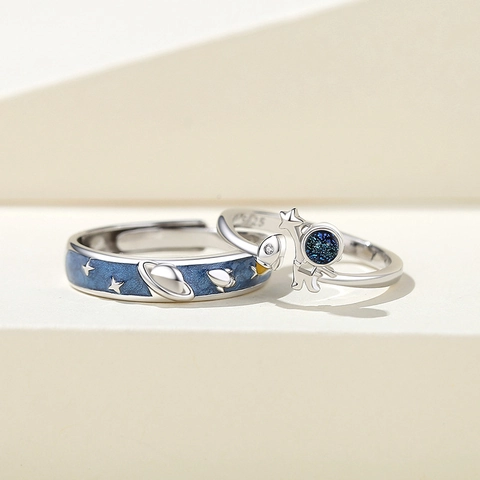 Anelli Astronauta E Cielo Stellato Argento Sterling 925 Regolabile Aperto Zircone Gioielli Romantici Spazio