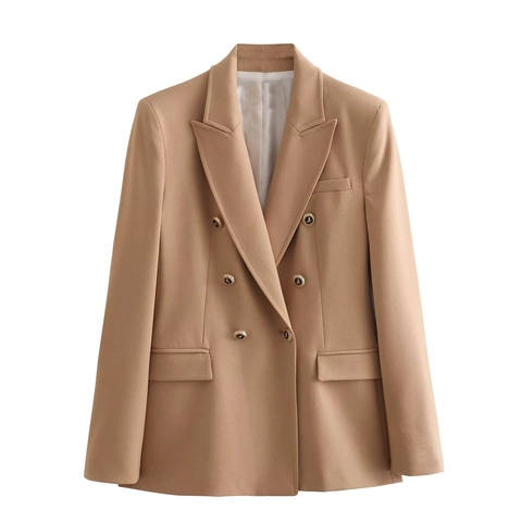 Women Double Breasted Blazer Jacket Peak Lapel Slim Fit Office Lady Suit Coat With Gold Metal Buttons Business Casual Formal Outerwear