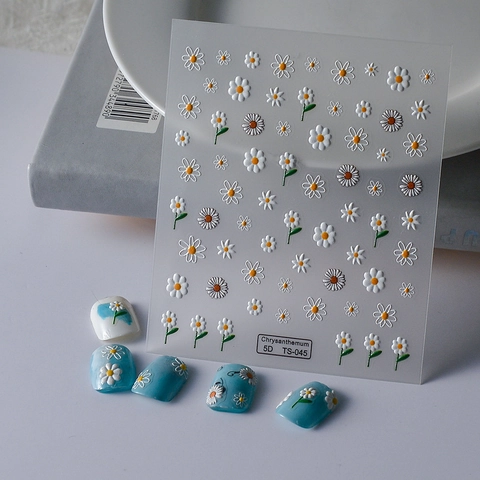 Autocollants Ongles 5D Relief Marguerite Blanche Abeille Printemps Floral Style Japonais Auto-Adhésif Stéréoscopique Femmes