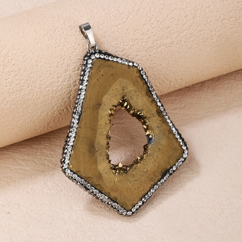 Natural Agate Geode Druzy Pendant Necklace Irregular Geometric Stone Rhinestone Encrusted Alloy Plated For Women