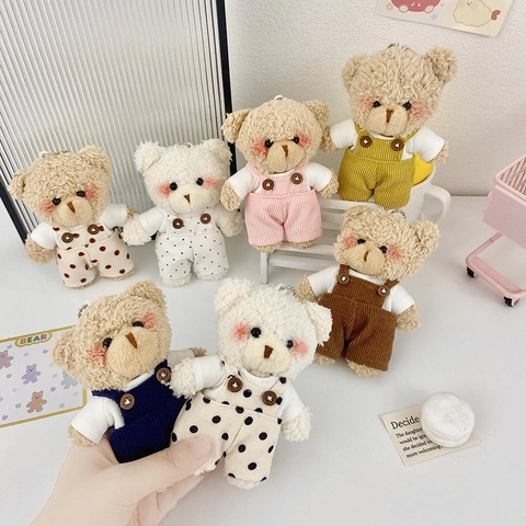 Lindo Llavero De Oso De Peluche Colgante Con Overol Ropa De Lunares Rayas Decoración De Bolso Juguete