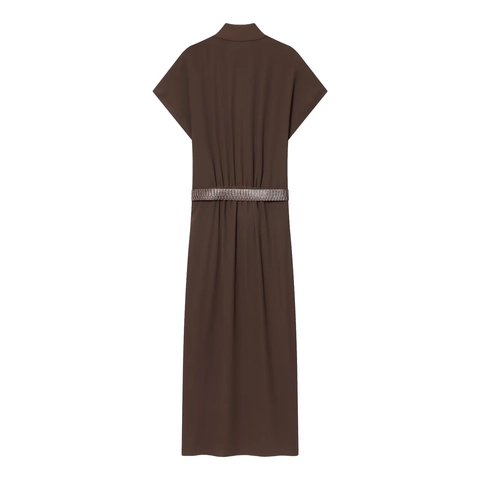 Vestido Midi Sin Mangas Con Botones De Metal Dorado Cuello Alto Color Sólido Marrón Café Elegante Estilo Dama Con Cinturón