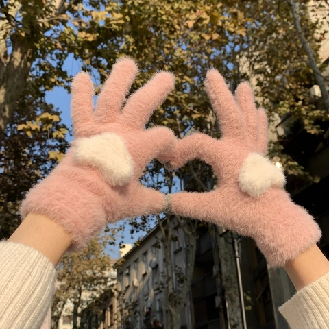Guanti Invernali Touch Screen Pelliccia Di Visone Sintetico Maglia Calda Motivo A Cuore Dolce Per Donne Ragazze
