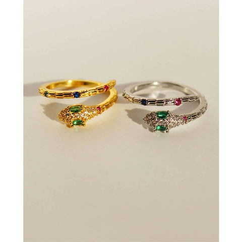 Europäischer Schlange Offener Ring Kupfer Farbiger Zirkonia Mikroeingelegt Tier Schmuck Verstellbarer Schlangenknochenring