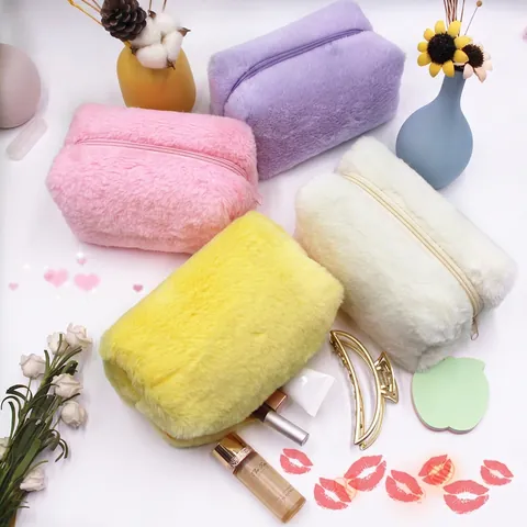 Beauty Case In Peluche Borsa Da Trucco In Morbida Pelliccia Sintetica Astuccio Per Matite Con Cerniera Tinta Unita Portatile