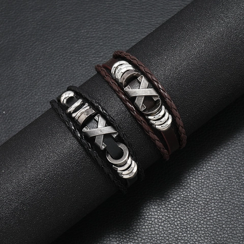 Mehrschichtiges Geflochtenes Lederarmband Mit Legierung X Anhänger Vintage Punk Ethno Armreif Für Männer