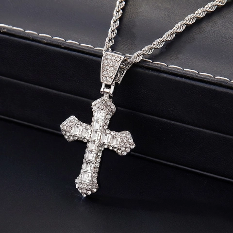 Hip Hop Cross Pendant Necklace Iced Out Rhinestone Alloy Stainless Steel Rope Chain Retro Streetwear Jewelry Men Women