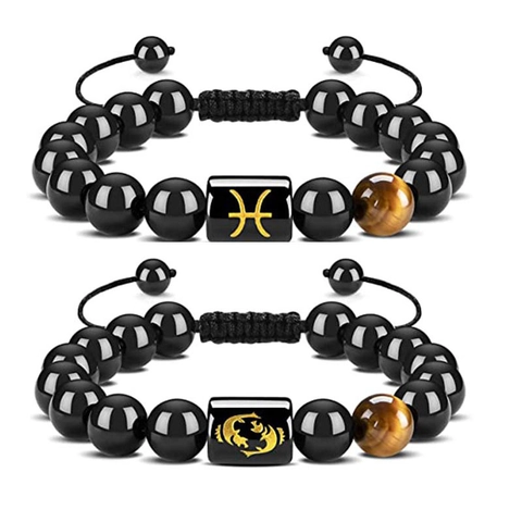 Zodiac Constellation Bracelet Tiger Eye Stone Black Beads Adjustable Woven Rope Charm Jewelry For Men Women