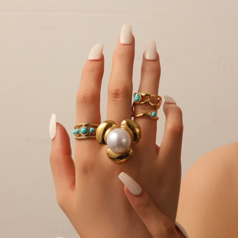 Flower Adjustable Ring 18K Gold Plated Stainless Steel Artificial Pearl Turquoise Vintage Retro Ins Style Women