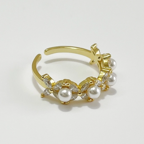 Anillo Di Künstliche Perle A Fiore Argento Sterling 925 Con Zirconia Cubica Aperto Regolabile Placcato Oro Gioielli Moda