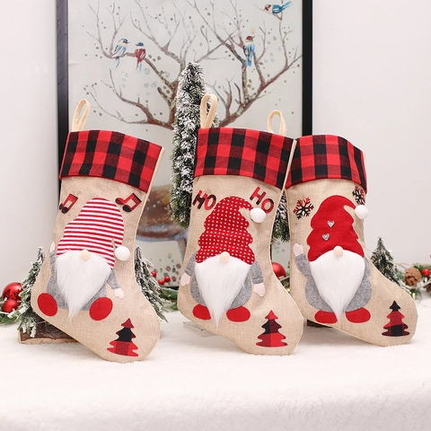 Christmas Stocking Decoration Burlap Buffalo Plaid Gnome Gift Bags With Music Note Snowflake Pattern For Xmas Home Decor