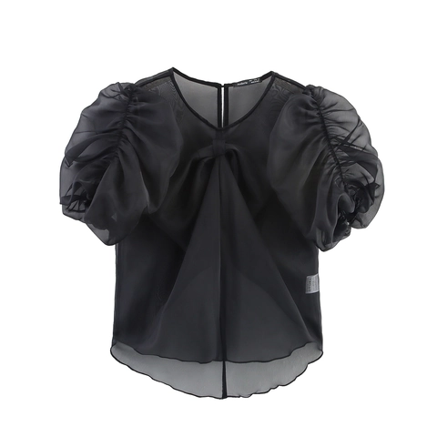 Blusa In Organza A Rete Donna Maniche A Sbuffo Fiocco Trasparente Girocollo Stile Francese Dolce Top Elegante Nero