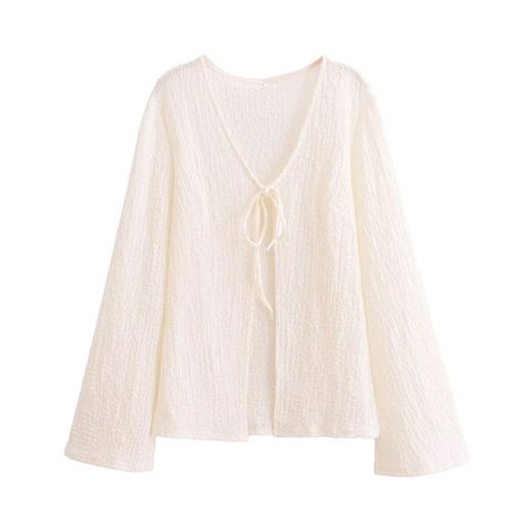 Top Vacanza Donna Manica Lunga Con Lacci Scollo A V E Pantaloncini Vita Elastica Tessuto Strutturato Casual