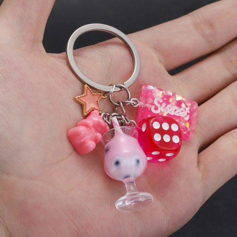 Kreative Harz Rosarot Bär Bonbon Würfel Schlüsselanhänger Niedlich Getränkebecher Stern Schlüsselring Für Damen Mädchen Tasche Geschenk