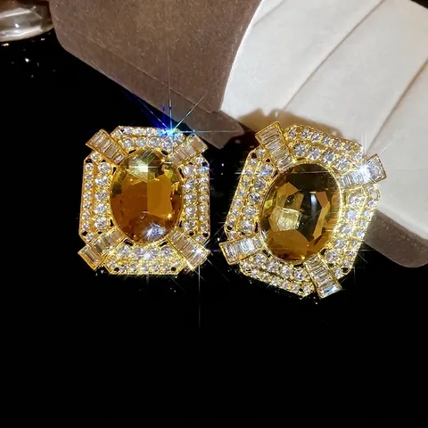 Pendientes Botón Palacio Vintage Aleación Brillante Gema Ámbar Ovalada 925 Sterling Silver Earring Post Mujeres Lujo