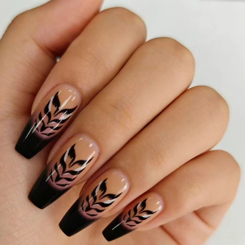Long Coffin Press On Nails Nude Black Ombre Wheat Ear Leaf Pattern French Style Minimalist Glossy Plastic False Nails