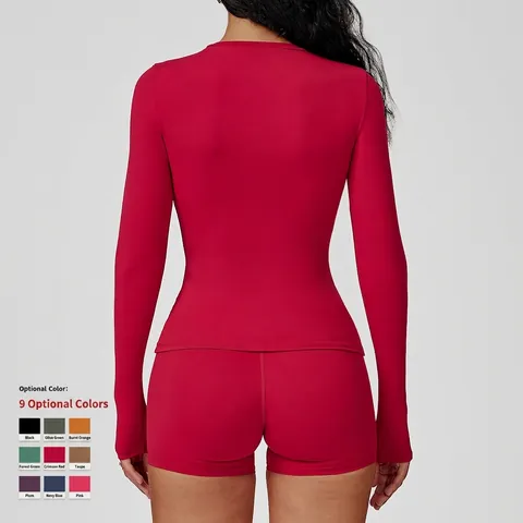 Women Slim Fit Long Sleeve Yoga Top Brushed Nylon Spandex Athletic Running Fitness Shirt Crew Neck Solid Color