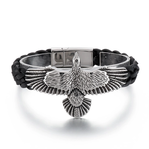 Herren Adler Armband Aus Edelstahl Und Geflochtenem Rindsleder Retro Punk Stil Schmuck