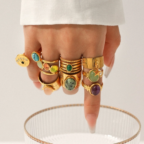 Vintage Adjustable Open Ring Stainless Steel Natural Stone Tiger Eye Turquoise French Retro Bohemian Jewelry For Women