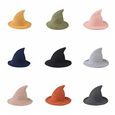 Pointed Knitted Witch Hat For Women Halloween Party Breathable Solid Color Wide Brim Wizard Hat Cosplay Costume Accessory