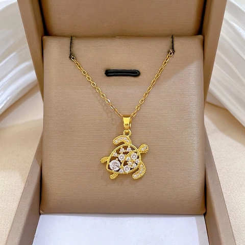 Sea Turtle Pendant Necklace Gold Plated Stainless Steel Chain Copper Micro Paved Zircon Hollow Jewelry For Women