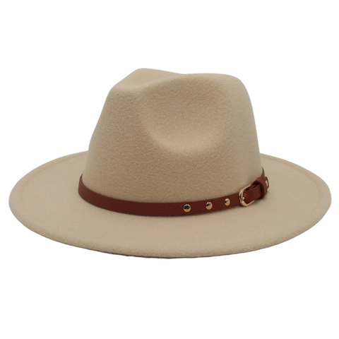 Wide Brim Fedora Hat Woolen Felt With Studded Leather Belt Retro Elegant Jazz Style For Men Women