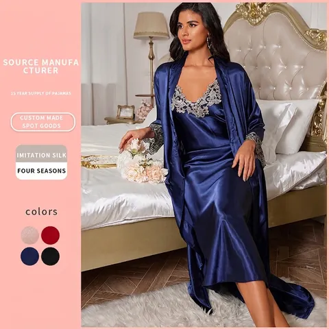 Damen Satin Nachtwäsche Robe Und V Ausschnitt Spitze Nachthemd Schlafanzug Hausanzug ImitationsSatin Lange Hauskleidung