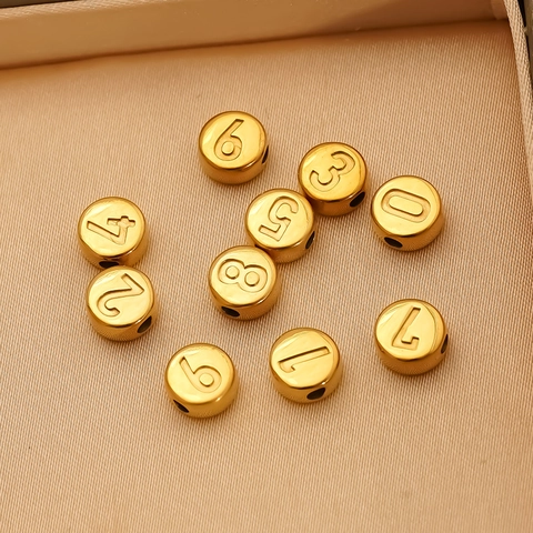 Round Number Beads 304 Stainless Steel 18K Gold Plated Charms For DIY Jewelry Making Crafting Small Metal Accessory