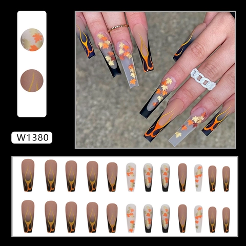 Autumn Maple Leaf Flame Pattern Press On Nails Long Coffin Artificial Nails Matte Vintage Design For Women Girls