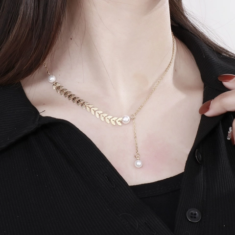Minimalist Stainless Steel Wheat Leaf Artificial Pearl Necklace Y-Shaped Lariat Clavicle Chain Elegant Jewelry For Women