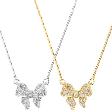 Nischen-Design Kupfer Zirkonia Schleife Anhänger Halskette Für Damen Süß Eingelegt Schleifen-Boxkette Schlüsselbeinkette Schmuck Geschenk