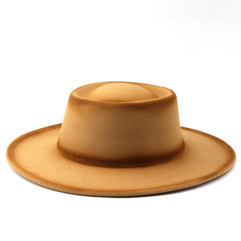 Boater Fedora Hat Polyester Cotton Blend Felt Flat Top Wide Brim Retro Jazz Two Tone Gradient Burnt Edge Vintage Fashion