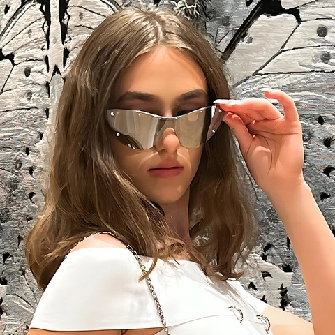 Cat Eye Randlose Sonnenbrille Übergroße Shield Linse Metallrahmen UV400 Schutz Futuristische Y2K Cyberpunk Brille