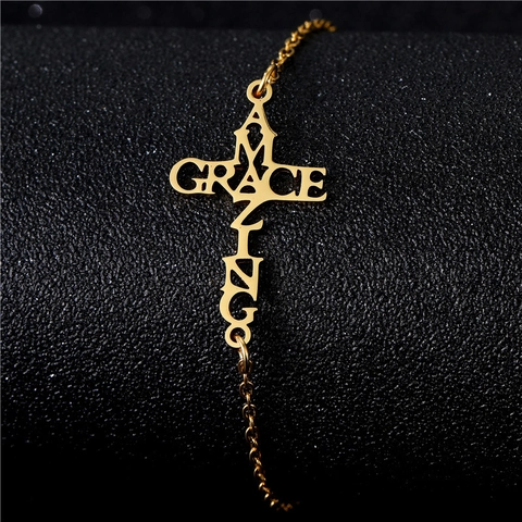 Bracciale In Acciaio Inossidabile Placcato Oro Pendente Cuore Cavo Croce Faith Amazing Grace Gioielli Religiosi Donna
