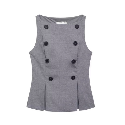 Dames Elegant Mouwloos Pak Vest Top Double Breasted Geplooide Zoom Vest Grijs Polyester Woon-Werkverkeer Kantoor