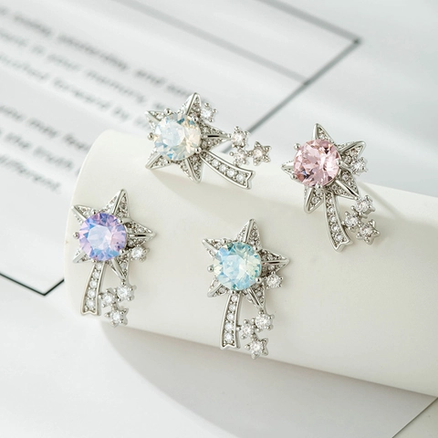Star Meteor Stud Earrings With 925 Sterling Silver Earring Post Colorful Zircon Inlaid Elegant Fashion For Women