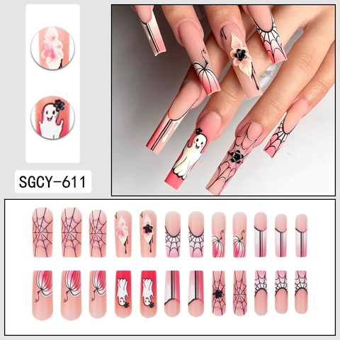 Halloween Press On Nails Extra Long Coffin Ροζ Gradient 3D Λουλούδι Φάντασμα Ιστός Αράχνης Ψεύτικα Νύχια Γυναίκες